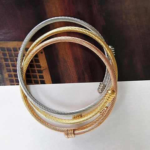 Brazalete Abierto Trenzado de Cable de Acero Inoxidable para Mujer Color Oro Rosa Plata Joyería Minimalista de Alambre