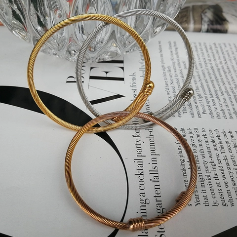 Brazalete Abierto Trenzado de Cable de Acero Inoxidable para Mujer Color Oro Rosa Plata Joyería Minimalista de Alambre