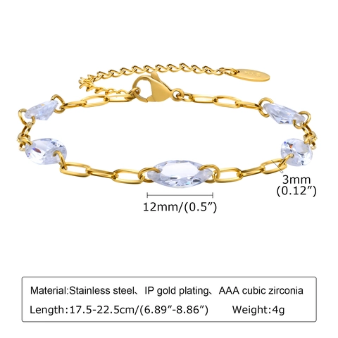 Bracciale in Acciaio Inossidabile con Zirconia Taglio Marquise Catena a Maglie Lunghe Placcata Oro Gioielli Regolabili Donna