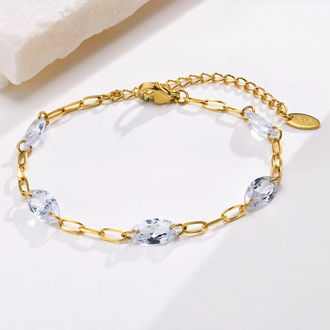 Bracciale in Acciaio Inossidabile con Zirconia Taglio Marquise Catena a Maglie Lunghe Placcata Oro Gioielli Regolabili Donna