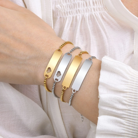 Minimalist Stainless Steel ID Bar Bracelet Box Chain Heart Hollow Plain Plate Adjustable Fashion Jewelry Gift For Women Kids