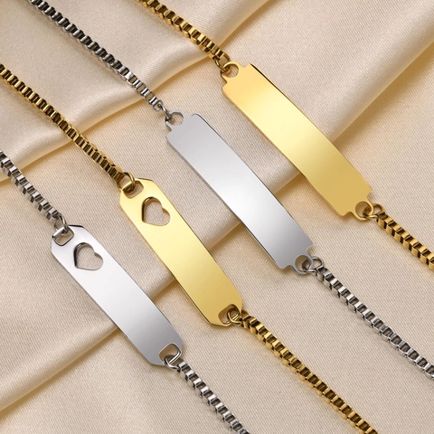 Minimalist Stainless Steel ID Bar Bracelet Box Chain Heart Hollow Plain Plate Adjustable Fashion Jewelry Gift For Women Kids