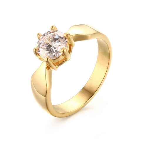 Klassischer 7mm Zirkonia Titanstahl Ring Für Damen Gold Silber Galvanisiert 6-Krallen Solitär Hochzeitsband Schmuck Geschenk