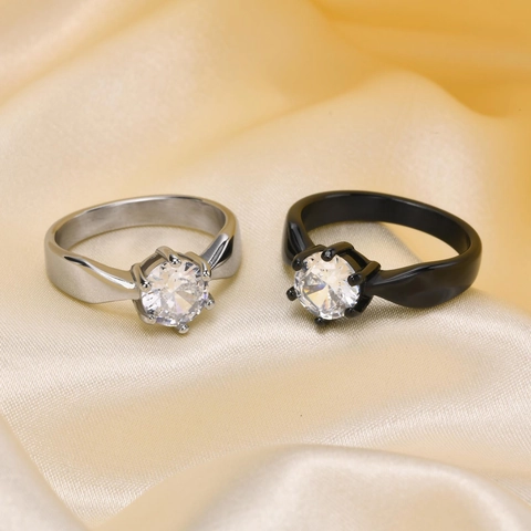 Klassischer 7mm Zirkonia Titanstahl Ring Für Damen Gold Silber Galvanisiert 6-Krallen Solitär Hochzeitsband Schmuck Geschenk