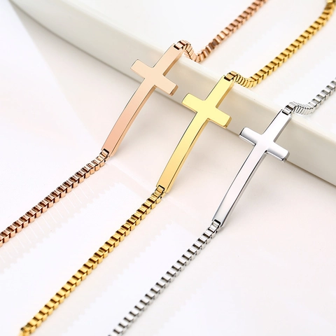 Pulsera Minimalista de Cadena de Caja con Colgante de Cruz de Acero de Titanio para Mujer Joyería de Moda Galvanizada Ajustable Pulida
