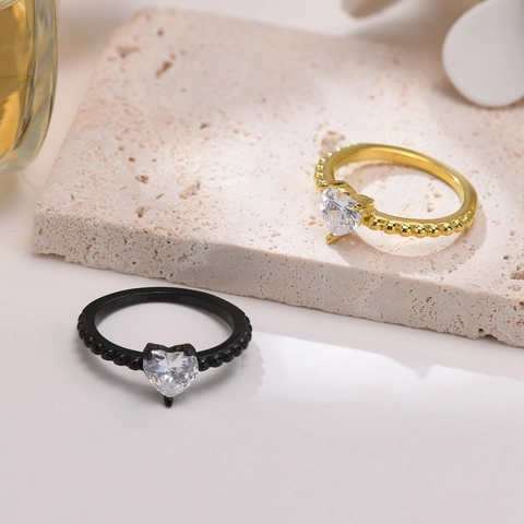 Anello in Acciaio Inossidabile con Zirconia a Cuore Fascia con Perline Oro Nero Argento Placcato Gioielli Moda Donna
