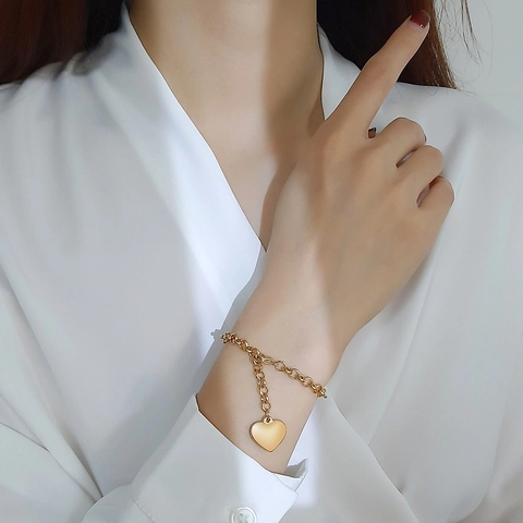 Pulsera Ajustable de Acero Inoxidable con Colgante de Corazón para Mujer Cadena Rolo Pulida Oro Plata Joyería de Moda Regalo