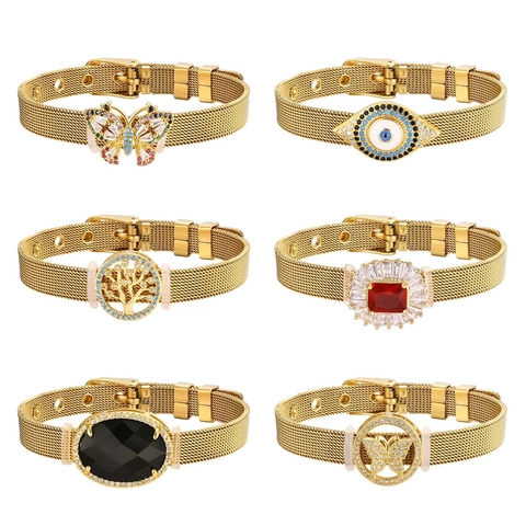 Damen Edelstahl Vergoldet Netzband Armband Schmetterling Lebensbaum Böser Blick Strass Verstellbar Mode Schmuck