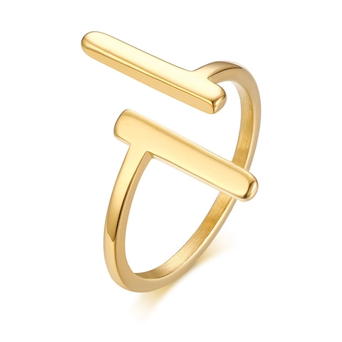 Minimalistischer Edelstahl Offener Ring Für Damen Vergoldet Geometrische Doppelte Parallele Linien T-Form Verstellbarer Ring Modeschmuck