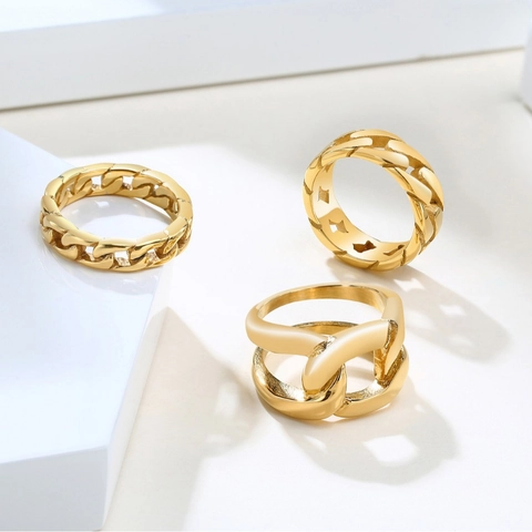 Bague Maille Gourmette en Acier Inoxydable pour Femmes Hommes Style Industriel Poli Or Argent Bague Chaîne Bijoux de Mode Cadeau