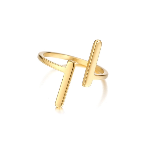 Minimalistischer Edelstahl Offener Ring Für Damen Vergoldet Geometrische Doppelte Parallele Linien T-Form Verstellbarer Ring Modeschmuck