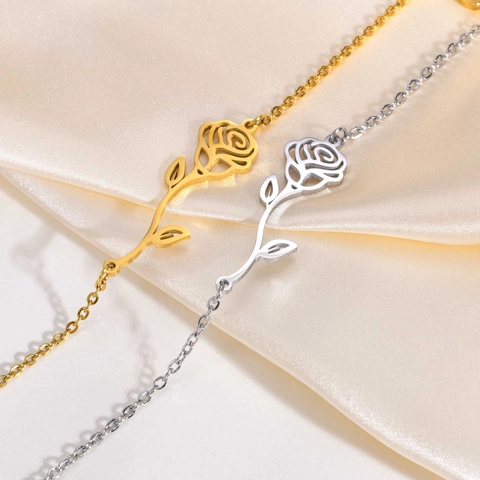 Pulsera de Flor de Rosa Minimalista de Acero Inoxidable Chapado en Oro Plata Calado Cadena Floral Ajustable Joyería Regalo