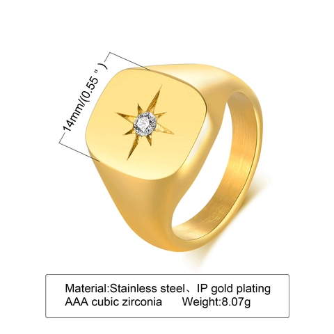 Edelstahl Zirkonia Stern Siegelring Für Damen Achtzackiger Stern Geometrisch Quadratisch Vergoldet Mode Schmuck Ring