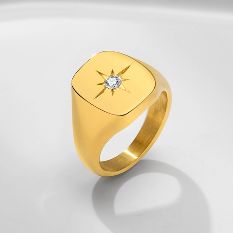 Edelstahl Zirkonia Stern Siegelring Für Damen Achtzackiger Stern Geometrisch Quadratisch Vergoldet Mode Schmuck Ring