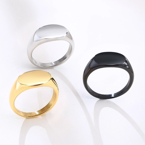 Minimalist Stainless Steel Oval Signet Ring For Women Men Smooth Gold Black Silver Color High Polished Finger Ring Jewelry