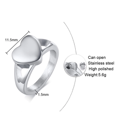 Minimalist Stainless Steel Heart Shaped Cremation Urn Ring For Ashes Memorial High Polished Openable Finger Ring Jewelry