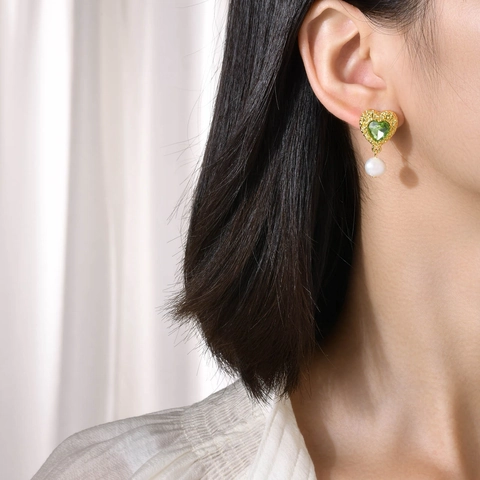 Pendientes Colgantes Vintage de Cobre en Forma de Corazón con Circonia y Perla Artificial Chapado en Oro Joyas de Lujo para Mujer