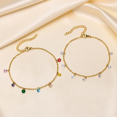 Tobillera de Acero Inoxidable Con 7 Circonias AAA Colgantes Redondos Minimalista Chapado en Oro Joyería de Mujer para Vacaciones
