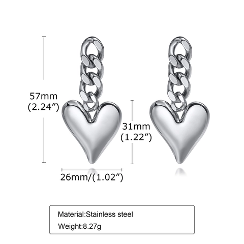 Pendientes Colgantes de Cadena de Corazón de Acero Inoxidable para Mujer Joyería Pendientes de Corazón Geométricos Pulidos