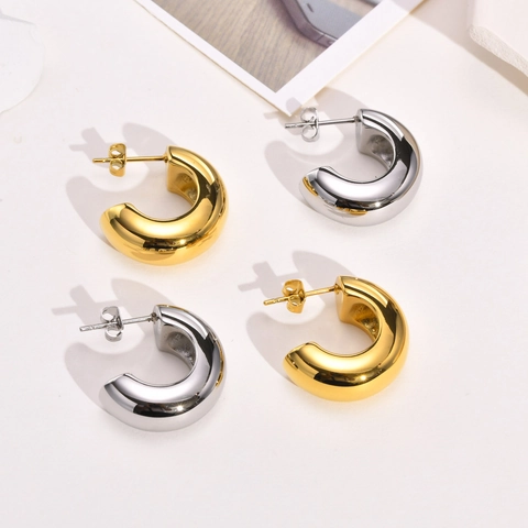 Pendientes de Aro en Forma de C de Acero Inoxidable Minimalistas para Mujer Pulido Brillante Chapado en Oro IP Joyería