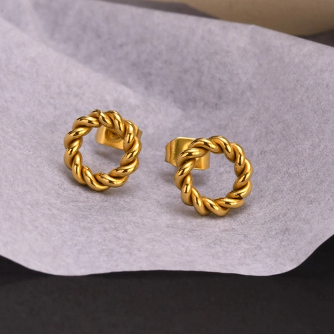 Pendientes de Botón Redondos Torcidos de Acero Inoxidable Para Mujer Chapado en Oro Geométrico Textura Cuerda Joyería Retro