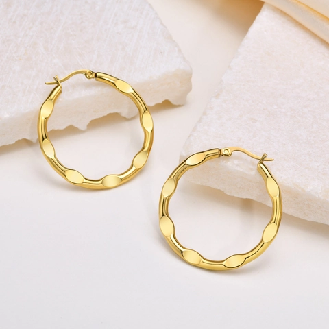 Pendientes de Aro Martillados de Acero Inoxidable Chapados en Oro para Mujer Joyería Redonda Grande Geométrica Moda