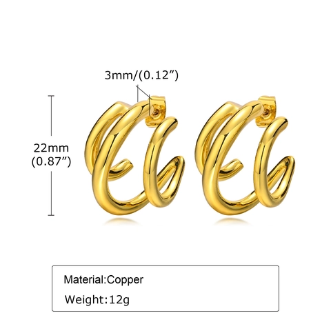 Women's Triple Layered C-Shaped Hoop Earrings Gold Plated Copper Minimalist Geometric Statement Stud Earrings Jewelry