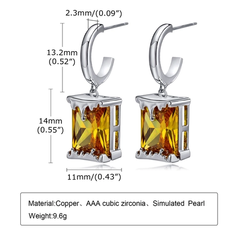 Fashion Copper AAA Cubic Zirconia Drop Earrings Rectangular Yellow Stone Simple Geometric Silver Tone Earrings For Women Jewelry