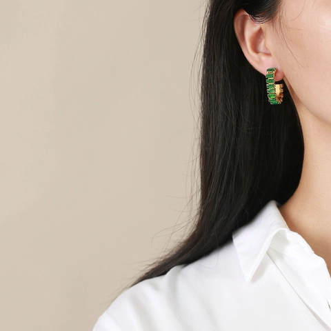 Vintage Stainless Steel Gold Plated Zirconia U-Shaped Earrings For Women Geometric Emerald Green Zirconia Jewelry Gift