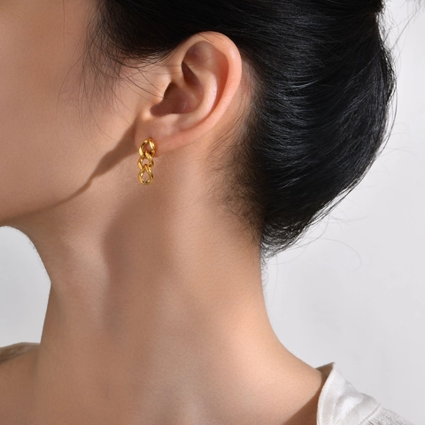 Orecchini a Maglia in Acciaio Inossidabile per Donna Moda Placcati Oro Geometrici Tripli Ovali Intrecciati Orecchini a Bottone Gioielli Minimalisti