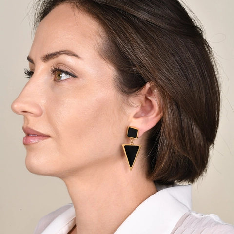 Boucles d'Oreilles Pendantes Triangle Géométrique en Acier Inoxydable Plaqué Or Clou Carré Émail Noir pour Femmes