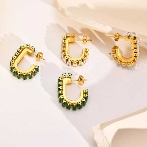 Orecchini a U in Acciaio Inossidabile Placcato Oro Con Zirconia per Donna Gioielli Geometrici Con Zirconia Verde Smeraldo