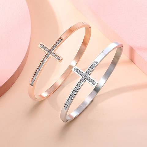 Brazalete de Cruz de Acero Inoxidable Minimalista para Mujer con Diamantes de Imitación Brillantes Joyería de Moda Regalo