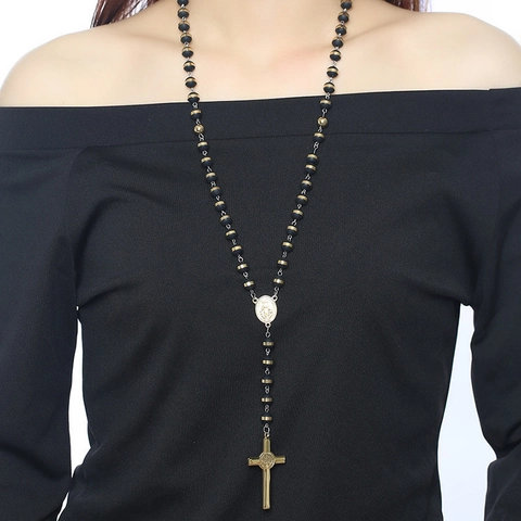 Stainless Steel St. Benedict Medal Rosary Necklace For Men Women Gold Plated Black Silicone Beads Cross Pendant Catholic Religious Jewelry