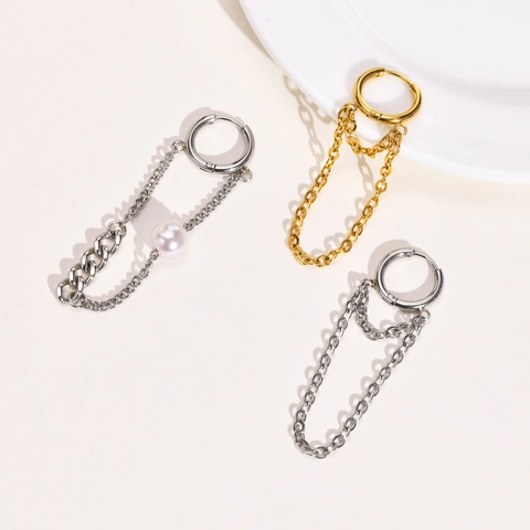 Orecchini a Cerchio Minimalisti in Acciaio Inossidabile con Catena Donna Stile Punk Placcati in Oro IP Gioielli di Moda