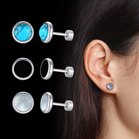 Pendientes de Botón Redondos de Acero Inoxidable Minimalistas Turquesa Concha Cierre de Rosca Joyería de Piercing Geométrica para Hombre Mujer