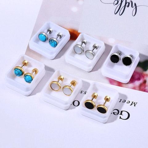 Pendientes de Botón Redondos de Acero Inoxidable Minimalistas Turquesa Concha Cierre de Rosca Joyería de Piercing Geométrica para Hombre Mujer