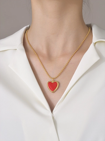 Vintage Edelstahl Herz Medaillon Halskette Für Damen Rot Emaille Gold Kugelkette Foto Anhänger Gedenken Mode Schmuck