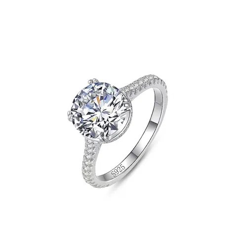 Anillo de Compromiso de Lujo de Plata de Ley 925 con Circonia de Corte Brillante Redondo Engaste de Cuatro Garras Anillo Clásico Color Plata para Mujer