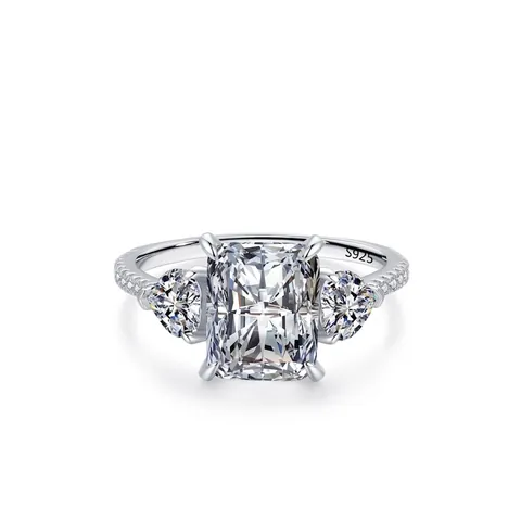 Luxury S925 Sterling Silver Emerald Cut Zirconia Three Stone Ring For Women Radiant Cut Wedding Anniversary Jewelry Ring