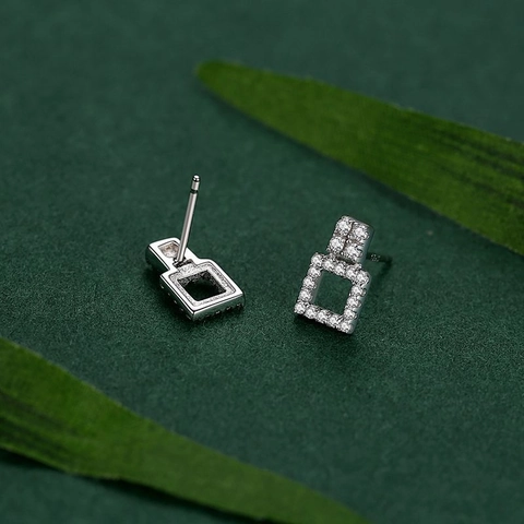 925 Sterling Silver Square Hollow Stud Earrings For Women Modern Geometric Rhinestone Inlaid Fashion Jewelry Accessories Gift
