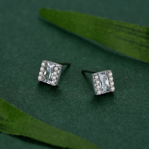 925 Sterling Silver Square Stud Earrings For Women Simple Geometric Zirconia Inlaid Small Fashion Jewelry Silver Earrings