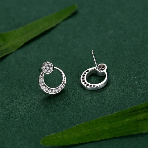925 Sterling Silver Moon Rhinestone Stud Earrings For Women Minimalist Geometric Geometric Double Circle Sparkly Inlaid Fashion Ear Jewelry