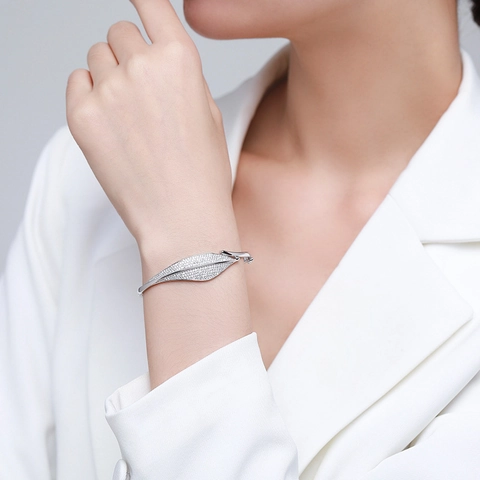 925 Sterlingsilber Blatt Offener Armreif Für Damen Luxuriöser Strass Eleganter Armband Modeschmuck Geschenk