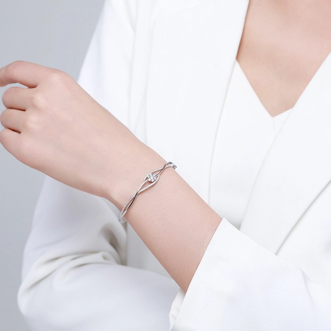 Elegante Bracciale Aperto in Argento Sterling 925 Fiore per Donna Onda Intrecciato Strass Bangle Moda Gioielli Accessori Regalo