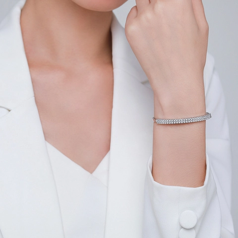 925 Sterlingsilber Armreif Für Damen Minimalistisch Doppelreihig Strass Eingelegt Mode Offener Armreif Elegant Schmuck Geschenk