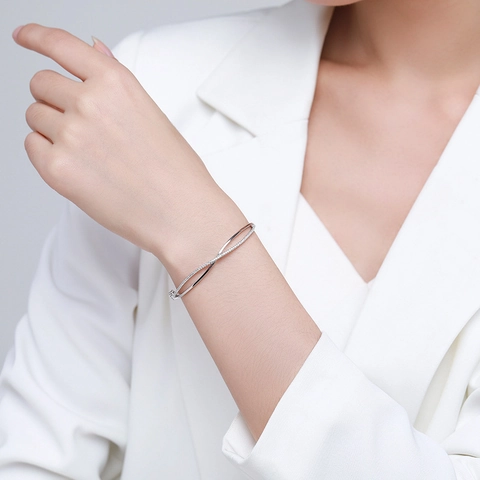 925 Sterling Silver Criss Cross Open Bangle For Women Light Luxury Geometric Zirconia Inlaid Polished Bracelet Fashion Jewelry