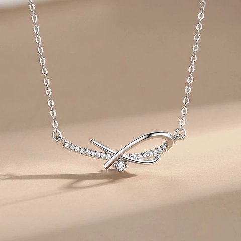 Collana con Pendente a Fiocco in Argento Sterling 925 per Donna Micro Pave Zirconia Minimalista Raffinata Catena da Clavicola