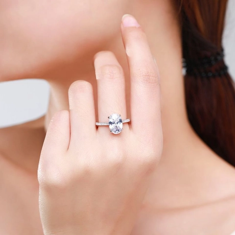 925 Sterling Silver Oval Cut Rhinestone Ring For Women Pavé Setting Sparkly Engagement Wedding Anniversary Jewelry Finger Ring