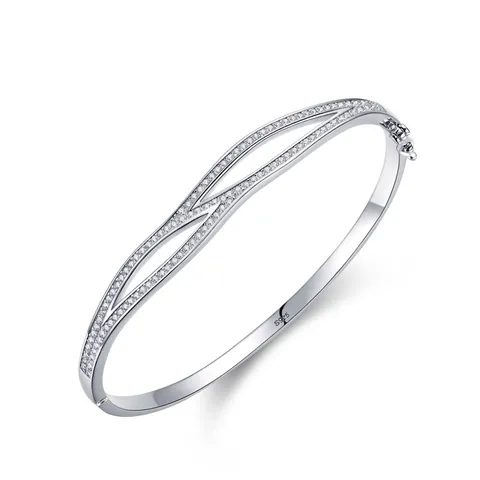 Bracciale in Argento Sterling 925 per Donna Doppio Strato Incrociato Design a Onde Bracciale Rigido Strass Moda Elegante Gioielli